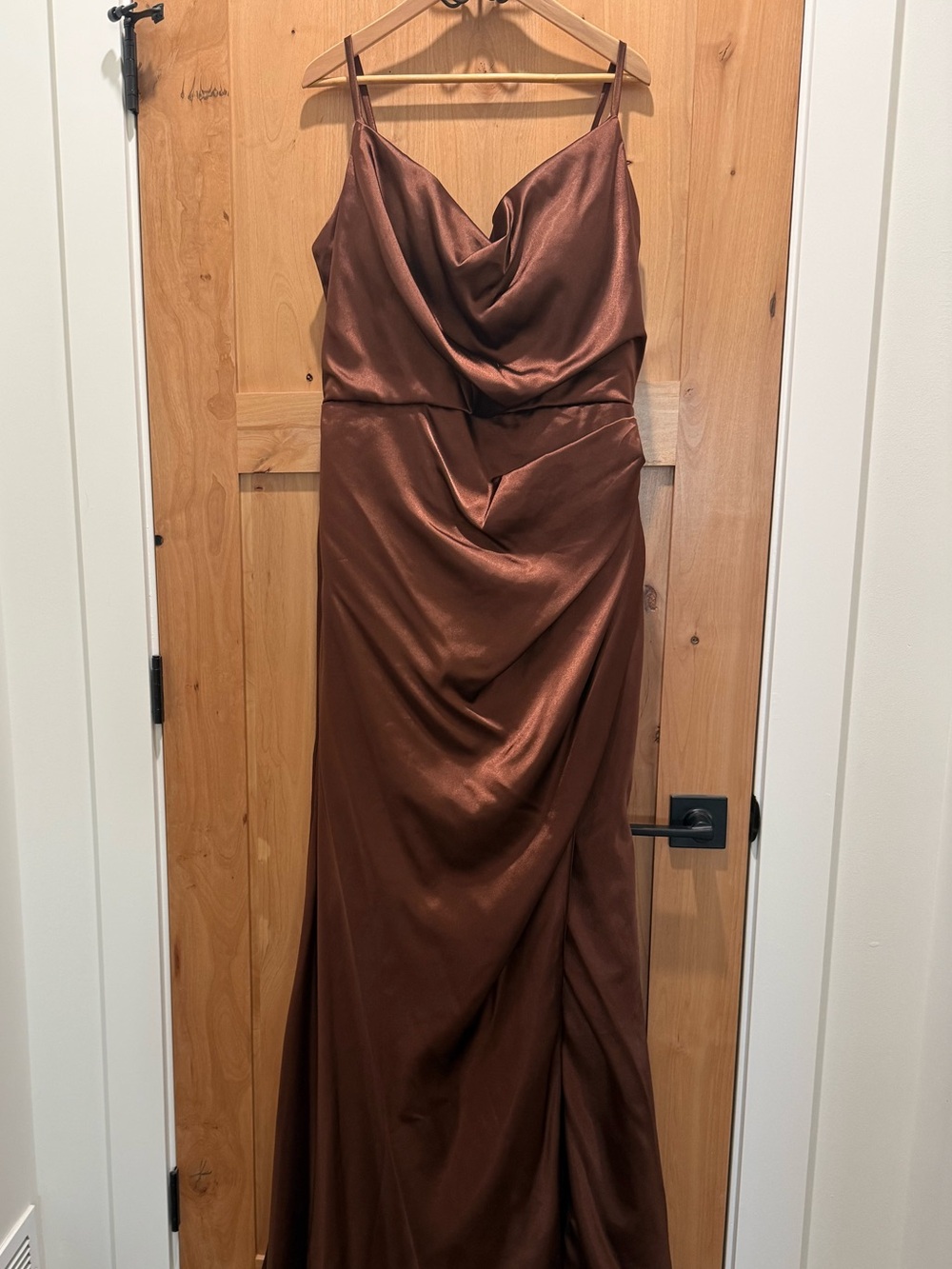 Satin Cowl Neck Maxi Dress in Brown
